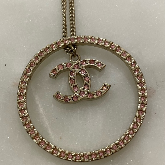 AUTHENTIC CHANEL CC Necklace Coco Mark Pink Adjustable Gold Chain 42-60cm - Picture 1 of 6